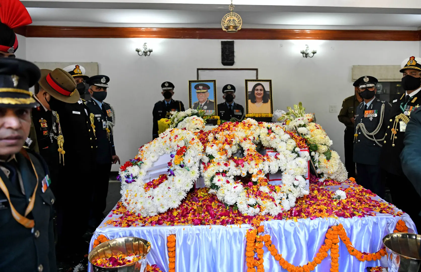 Mortals remains of CDS General Bipin Rawat and Madhulika Rawat at their residence | Photo: ANI