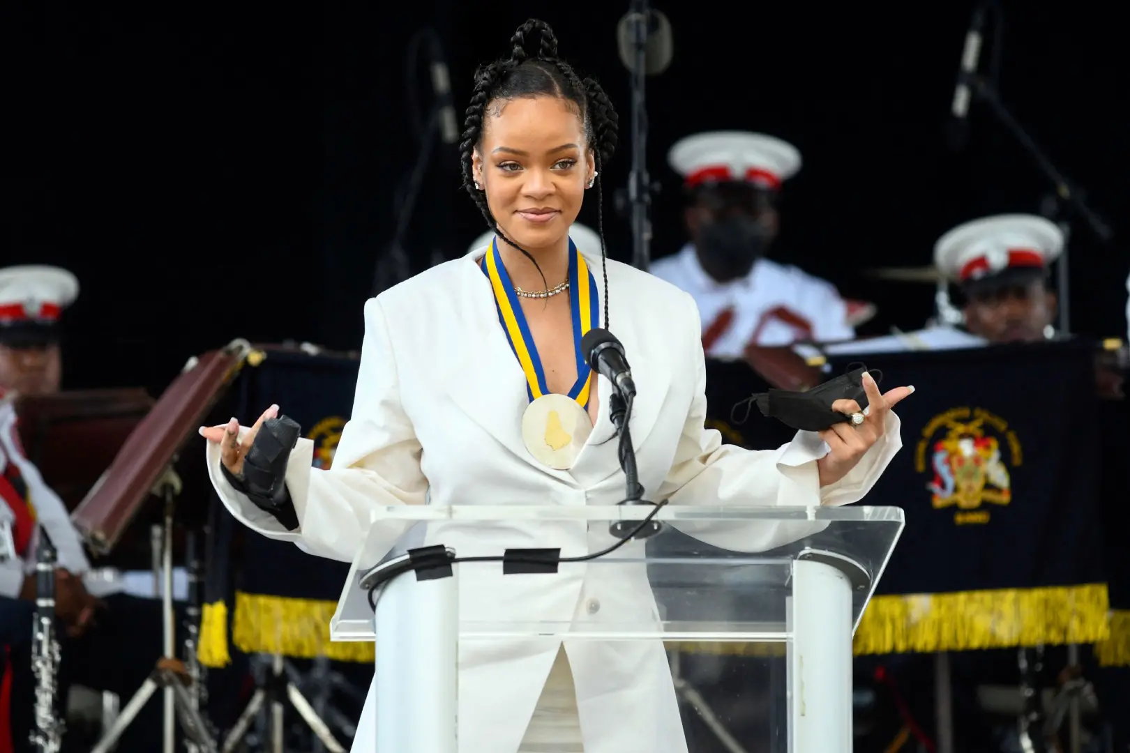 Rihanna Fenty speaks after becoming Barbados 11th National Hero during the National Honors ceremony and Independence Day Parade at Golden Square Freedom Park in Bridgetown | Photo: AFP