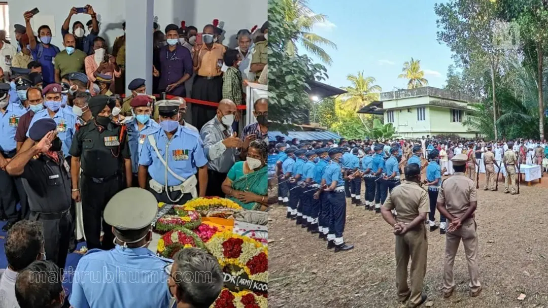 പ്രദീപിന്റെ മൃതദേഹം പുത്തൂര് സ്കൂളില് പൊതുദര്ശനത്തിന് വെച്ചപ്പോള്(ഇടത്), പ്രദീപിന്റെ വീട്ടില് ഗാര്ഡ് ഓഫ് ഓണറിനായി ഒരുക്കങ്ങള് നടത്തുന്നു(വലത്)| ഫോട്ടോ: മനീഷ് ചേമഞ്ചേരി, ജെ. ഫിലിപ് മാതൃഭൂമി