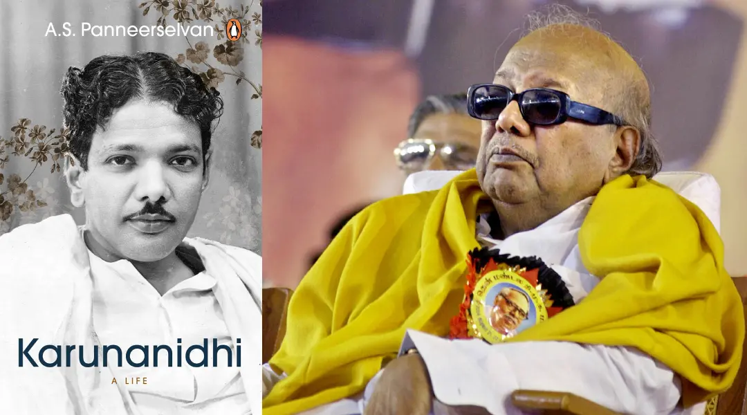 Cover of 'Karunanidhi: A Life' (left), Karunanidhi (right) | Photo: AP