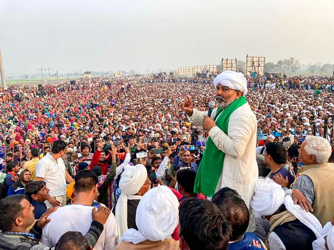 Rakesh Tikait speaks at the Kisan Mahapanchayat at Jind in Haryana | Photo: PTI