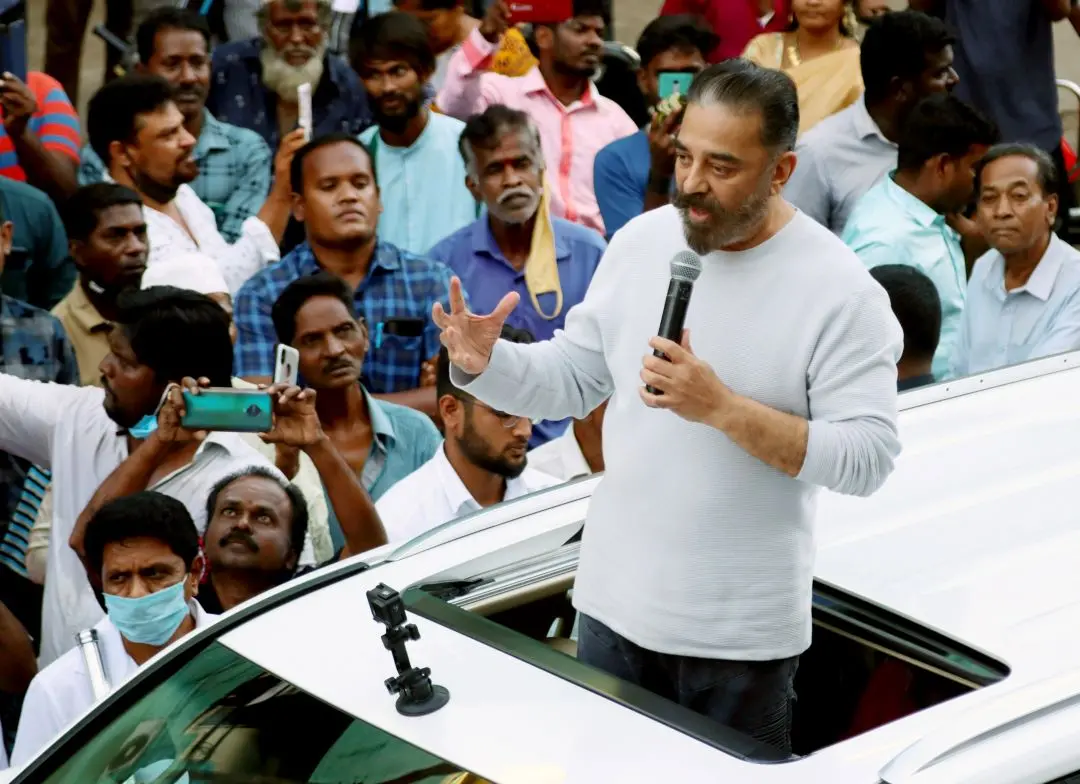 Makkal Needhi Maiam President Kamal Haasan speaks during a campaign ahead of the assembly election, in Chennai on Friday. Photo:ANI