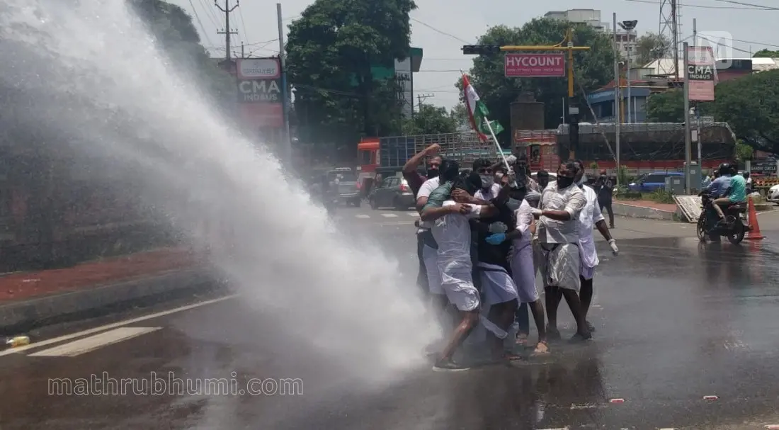 Water cannon used at Youth Congress workers in Kannur. (Photo: C Sunil Kumar)
