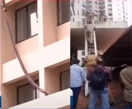 Sari used to jump out of window (left), police inspecting the spot (right) | Screengrab: Mathrubhumi News