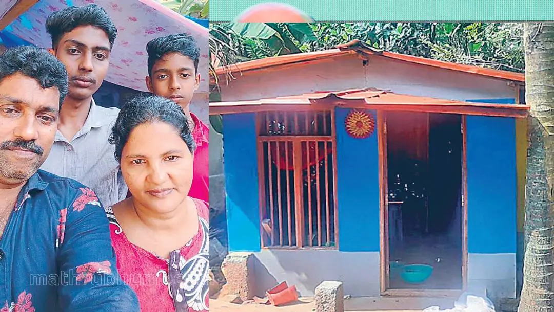 Deceased Rajan and Ambili and their children Rahul and Ranjith (file pic), Rajan's house from which the police tried to evict the family | Photo: Mathrubhumi