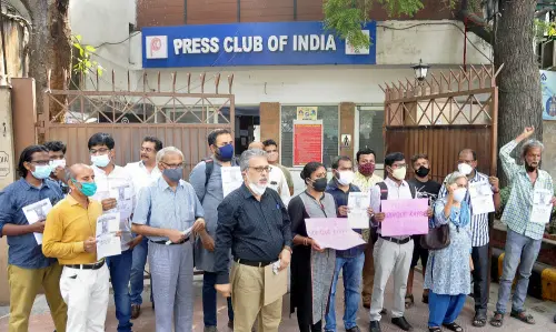 Members of Kerala Union of Working Journalists, Press Club of India and Delhi Union of Journalists stage a demonstration outside Press Club of India, demanding immediate release of Kerala journalist Siddique Kappan, in New Delhi, Tuesday, Oct. 5, 2021 | Photo: PTI