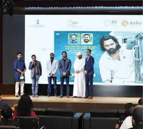 Unni Mukundan and others addressing the audience before the screening of 'Meppadiyan'