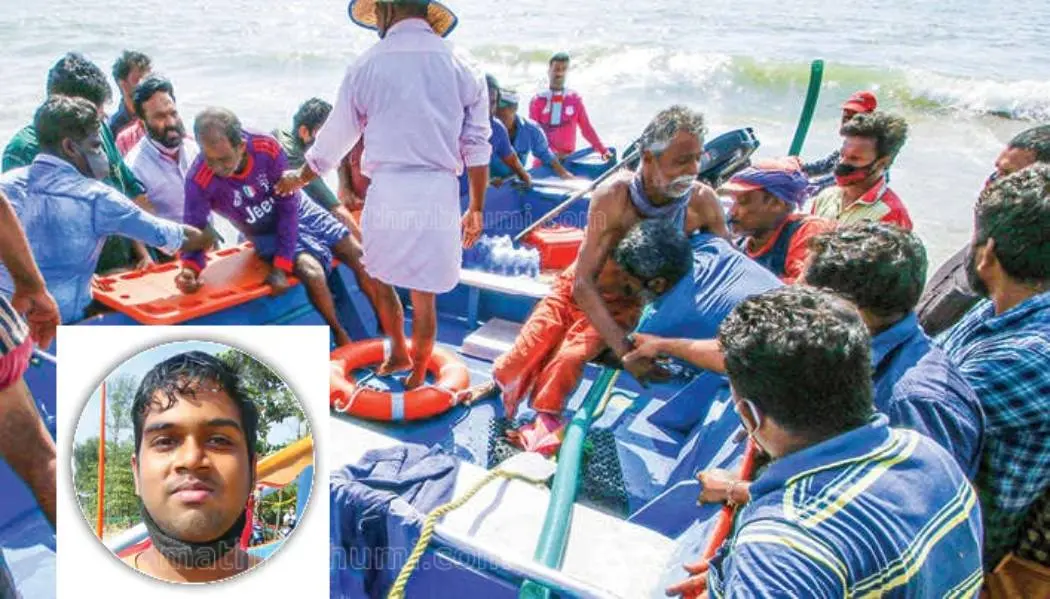 Fishermen rescued and brought back from sea , inset image- Devang | Photo: J Philip|  Mathrubhumi