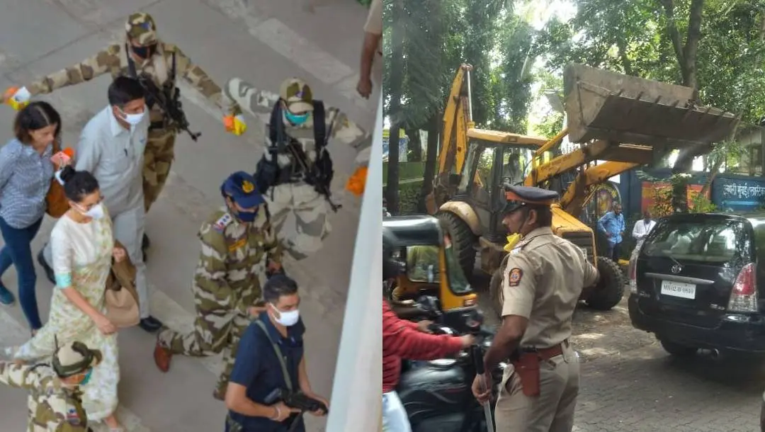 വിമാനത്താവളത്തില് കങ്കണയ്ക്ക് ഒരുക്കിയ സുരക്ഷ(ഇടത്ത്), കങ്കണയുടെ ഓഫീസ് കെട്ടിടം പൊളിക്കുന്ന നടപടി ആരംഭിച്ചപ്പോള്(വലത്ത്) | ഫൊട്ടോ :PTI & twitter.com|KanganaTeam
