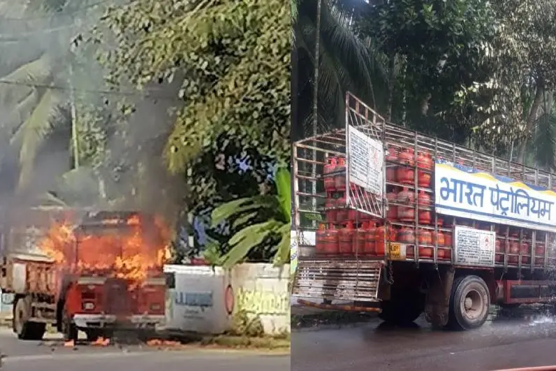 Truck loaded with LPG cylinders catch fire in Kozhikode
