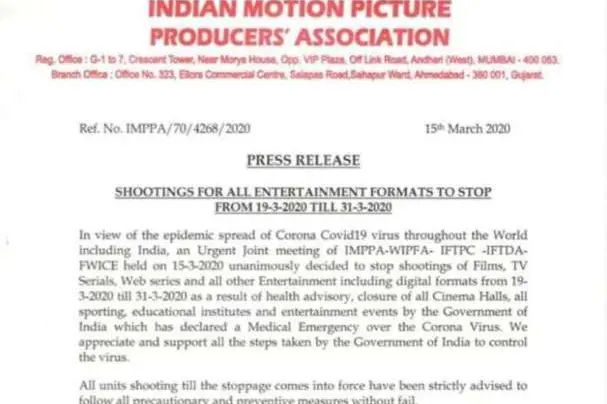 No film shooting, TV shows, digital shoot from March 19 to 31 due to Coronavirus scare