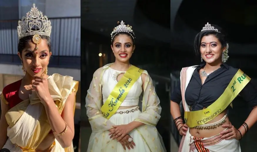 First runner up Athira Rajeev (left) ,Miss Kerala title winner Erin Liz Jose (centre) and second runner up Aswathy Nambiar (right) | Photo: Instagram|misskeralapageant|