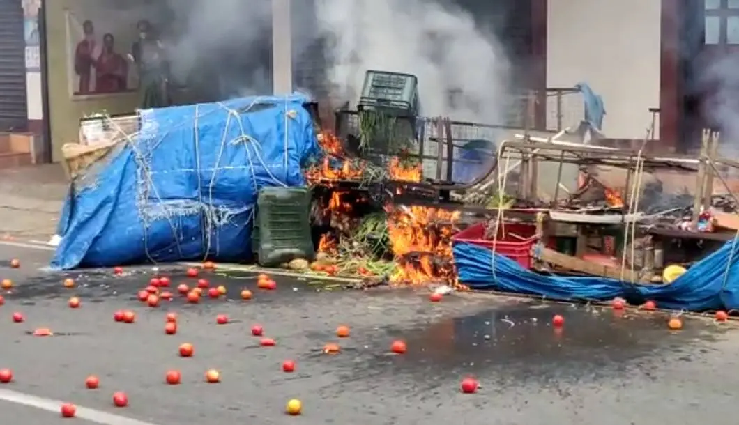 A shop in Cherthala that was set on fire during the hartal
