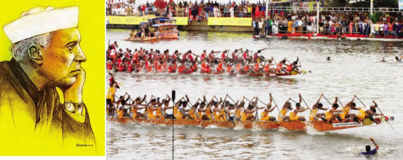 Jawaharlal Nehru (left) Nehru Trophy Boat Race (right) | Photo: Mathrubhumi