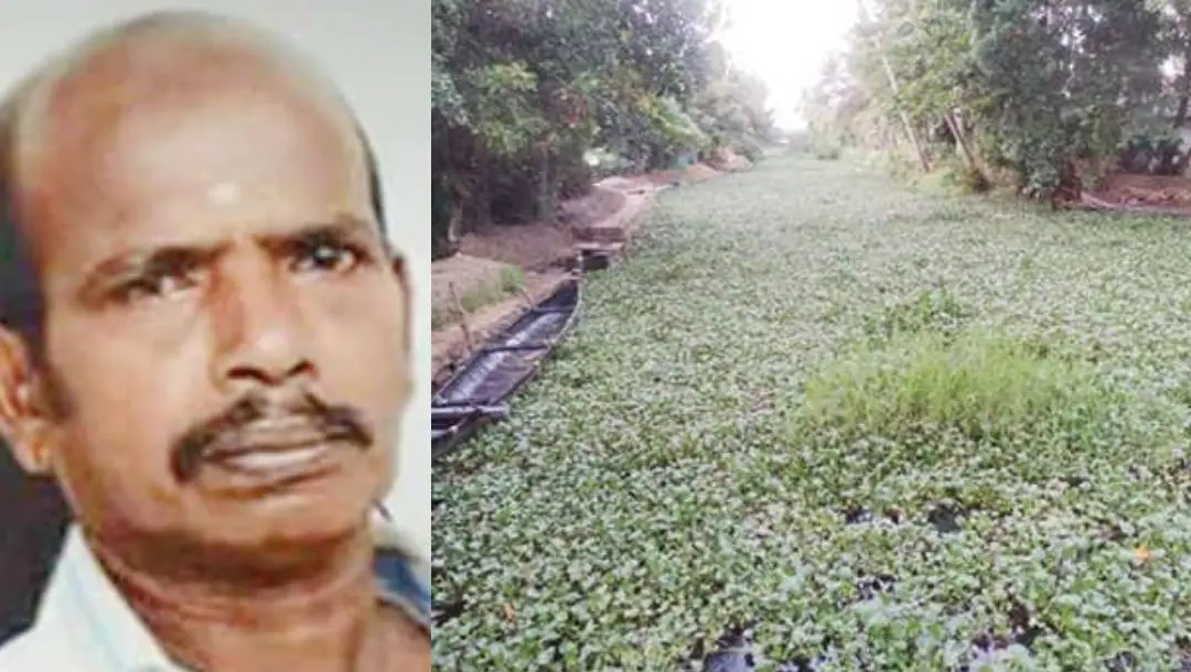 Rajappan (left), Pennar canal filled with water weeds (right)