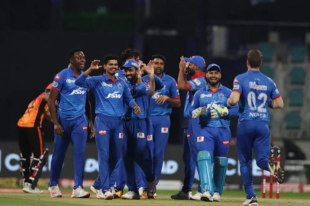 Delhi Capitals squad celebrates a dismissal during the qualifier 2 match of season 13 of IPL at the Sheikh Zayed Stadium, in Abu Dhabi on Sunday | ANI