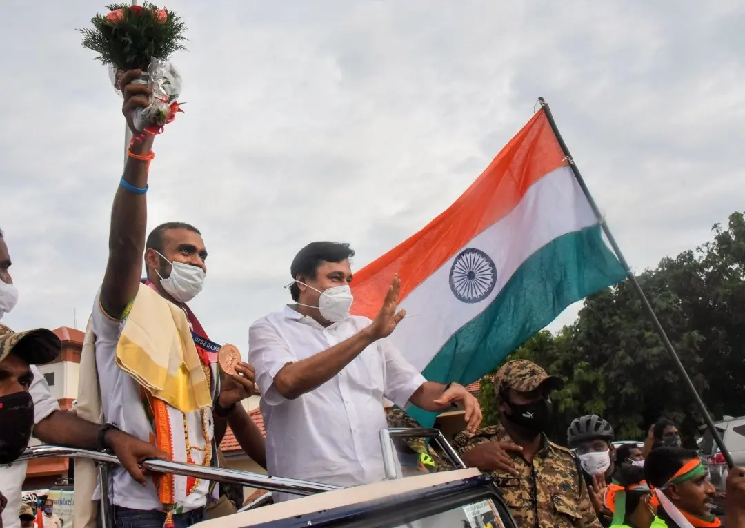 PR Sreejesh during his felicitation ceremony at Kochi International Airport in Kochi | Photo: PTI