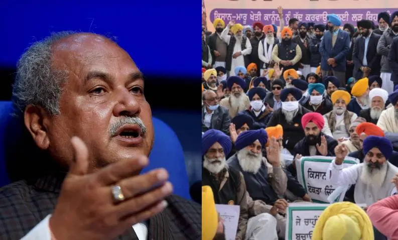 Union Agriculture Minister Narendra Singh Tomar (left) and farmers protesting | Photo: PTI|AFP