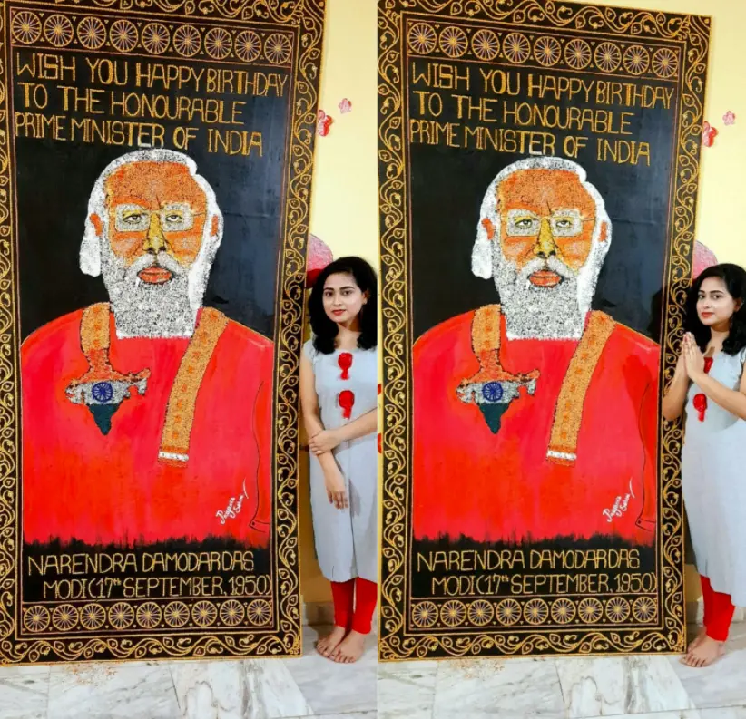 Priyanka Sahani with Modi's portrait I Photo: Twitter| Priyanka Sahani