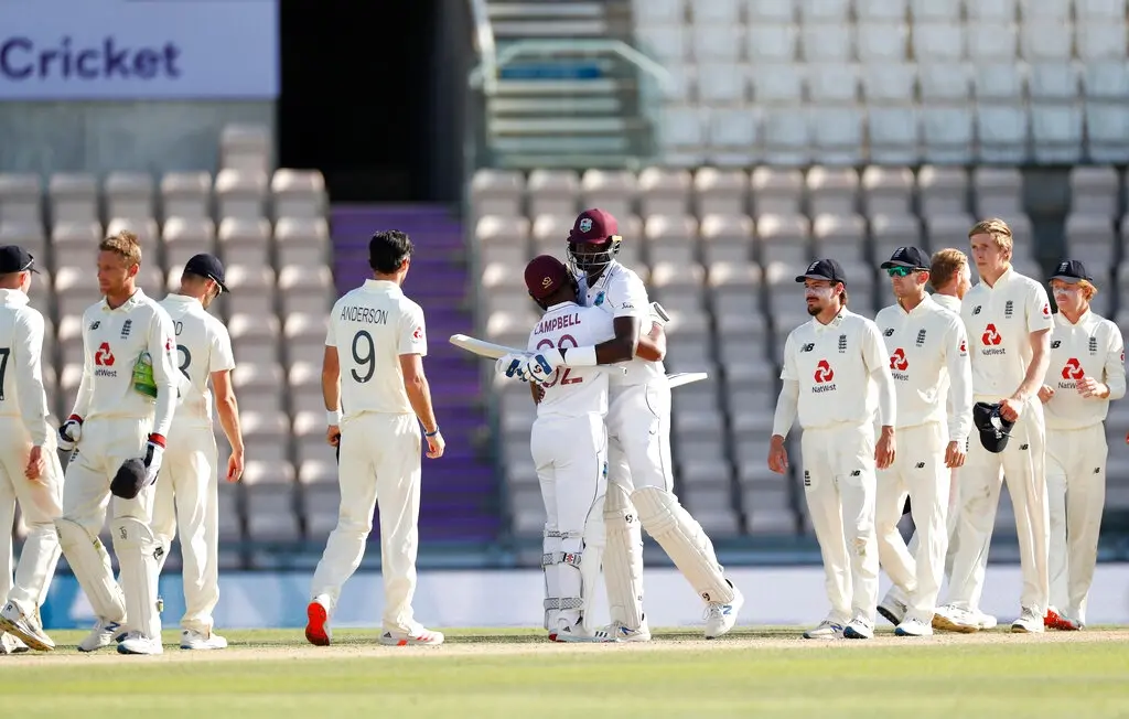 West Indies captain Jason Holder, center right, hugs teammate John Campbell after their win against England (AP photo)