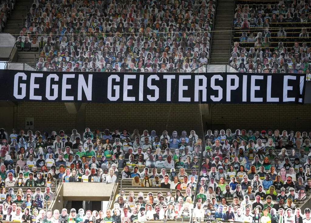 A banner reading 'against ghost matches' is pictured ahead of a German Bundesliga football match (AP photo)