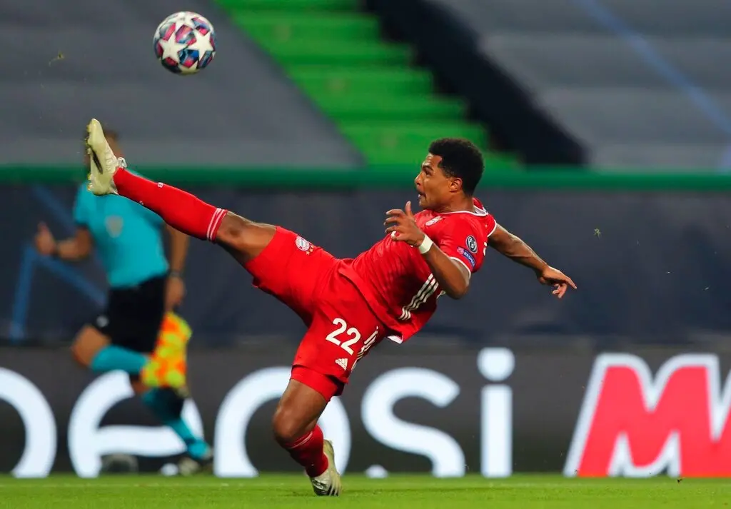 Bayern's Serge Gnabry tries to control the ball during the Champions League semifinal match against Lyon (AP photo)