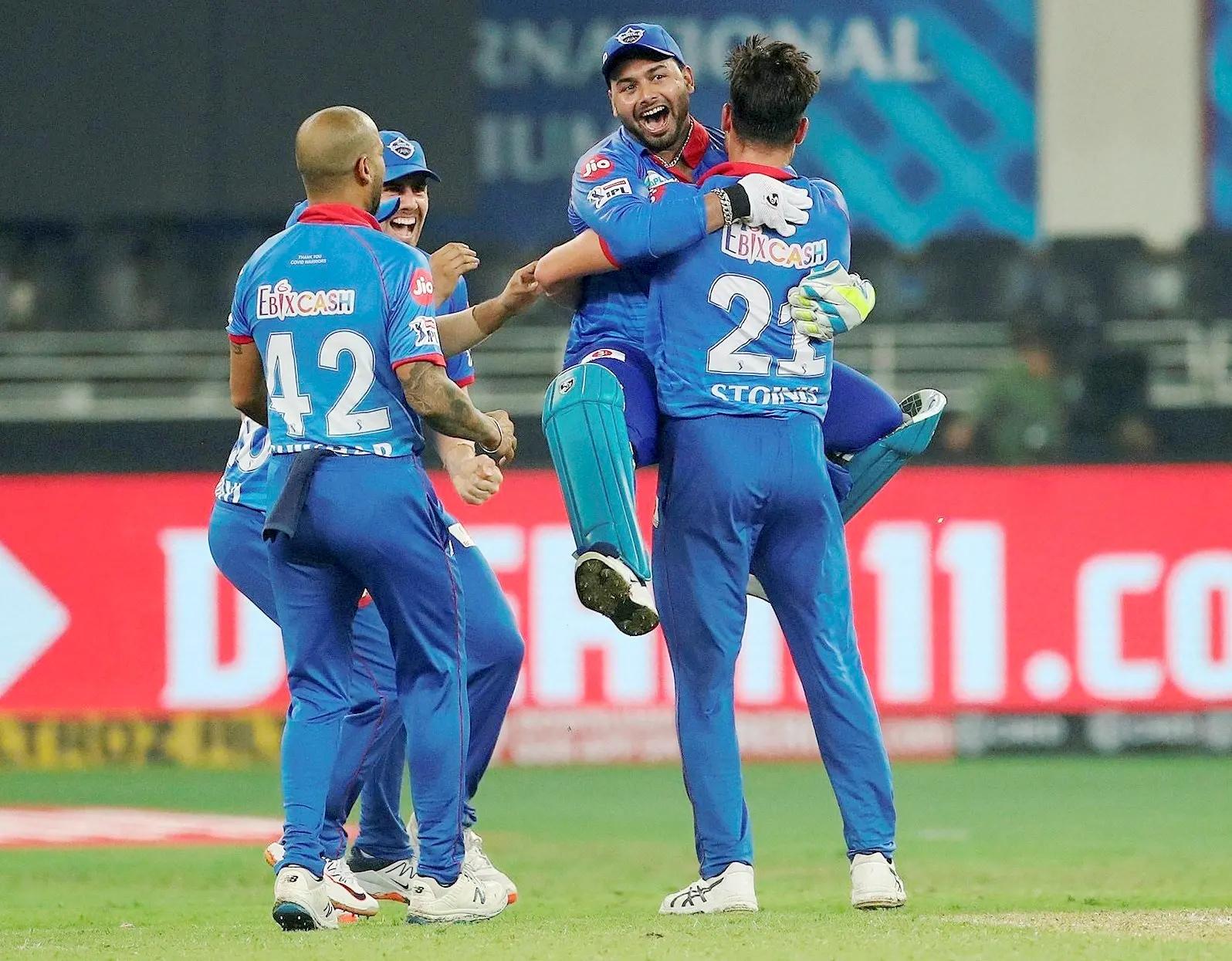 Delhi Capitals players celebrate after defeating Kings XI Punjab in the super over during the cricket match of IPL 2020 | Photo: PTI