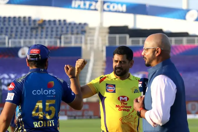 The new normal..... Chennai Super Kings captain MS Dhoni and Mumbai Indians captain Rohit Sharma ahead of the first match in IPL 13 | Photo: twitter.com|IPL
