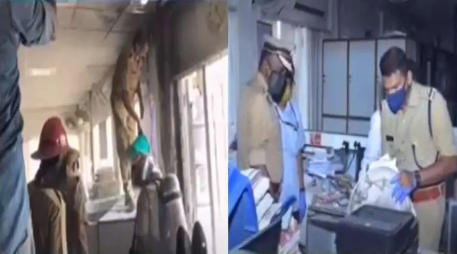 Probe team at protocol office where fire broke out | Photo: Screengrab|Mathrubhumi News