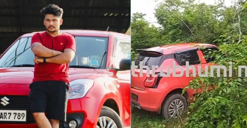 Arjun Ayanki (left), the car found from hilltop (right) | Photo: facebook.com|Arjun Aayanki, Screengrab | Mathrubhumi News