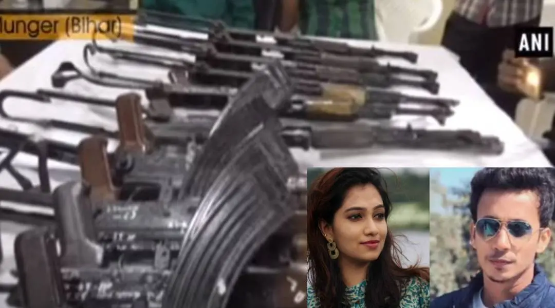മുംഗറിലെ അനധികൃത നിര്മാണശാലയില്നിന്ന് പിടിച്ചെടുത്ത തോക്കുകള്(ഫയല്ചിത്രം ANI ) ഇന്സെറ്റില് മാനസ,രാഖില്