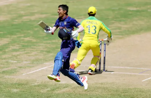 Yash Dhull celebrates after scoring a century | PTI