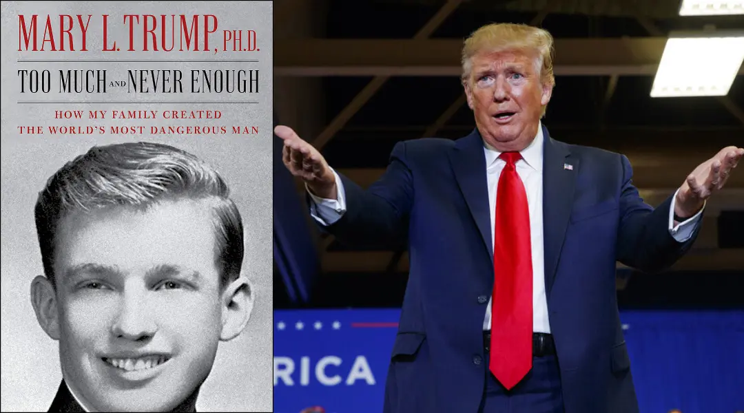 Cover of Mary Trump's book (left), Donald Trump (right)