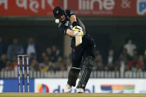 New Zealand's Martin Guptill plays a shot during the 2nd T20 International Match between India and New Zealand, at JSCA International Stadium Complex in Ranchi on Friday. (ANI Photo)
