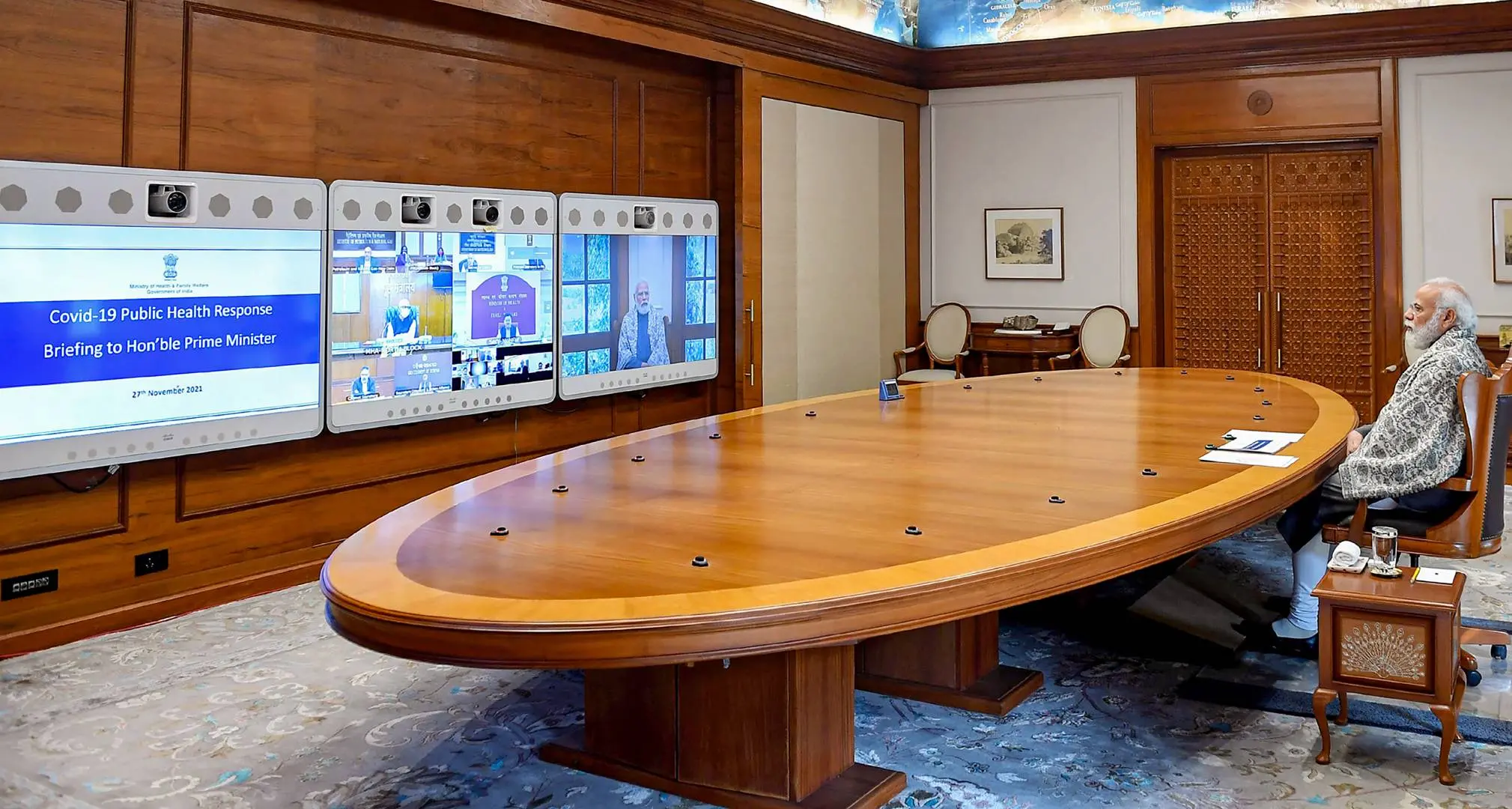 Prime Minister Narendra Modi chairs a meeting on the situation relating to Covid-19 and vaccination with top officials, through video conferencing | Photo: PTI