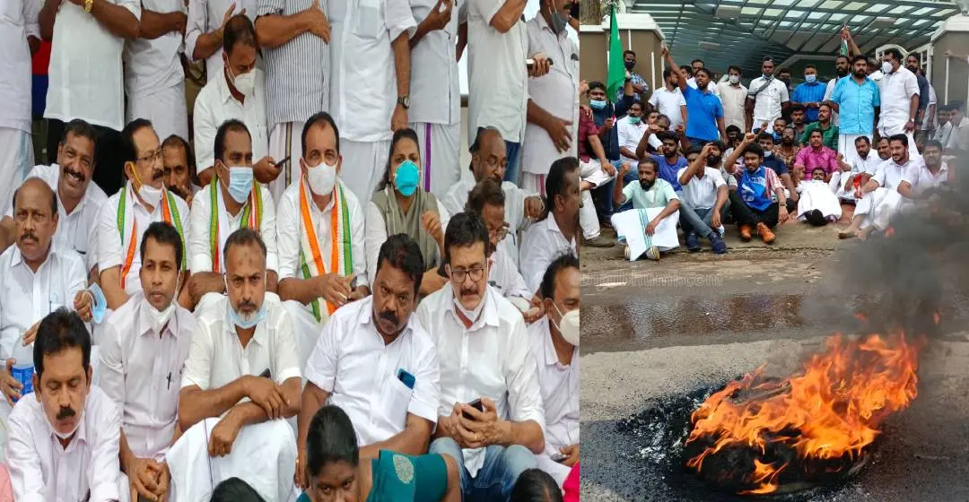 Congress activists protest in front of Aluva East police station