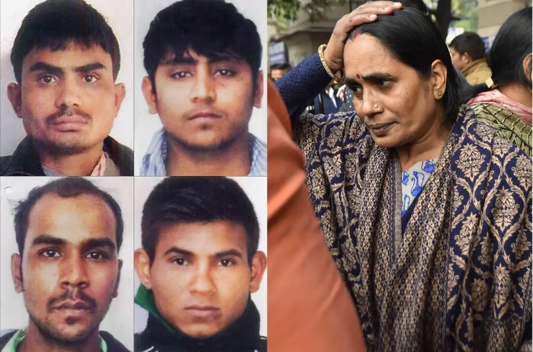 Clockwise from top left Akshay Kumar, Vinay Kumar Sharma, Pawan Gupta and Mukesh Kumar Singh. (Right) Nirbhaya's mother Asha Devi.