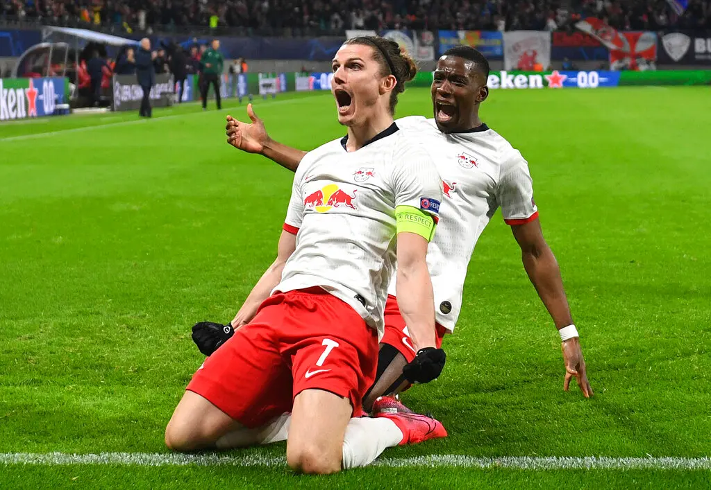 RB Leipzig's Marcel Sabitzer celebrates after scoring during the Champions League round of 16, 2nd leg match against Tottenham Hotspur (Photo: AP)
