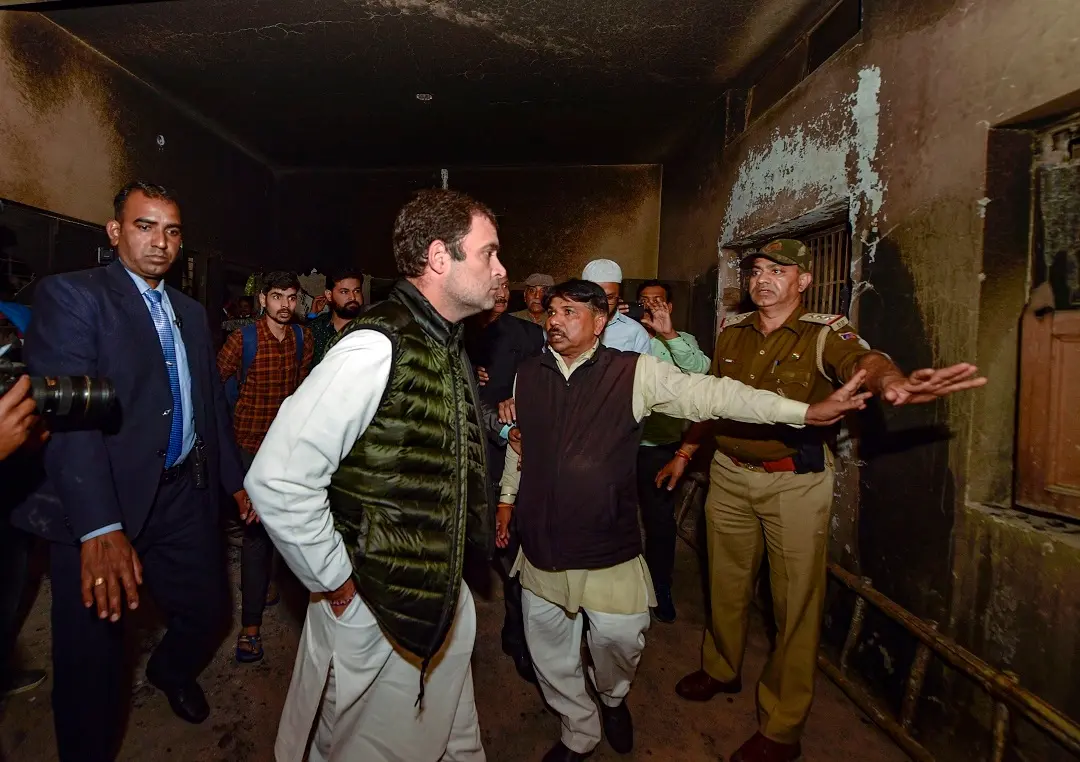 Congress leader Rahul Gandhi inside a school in Brijpuri, one of the riot-affected areas in North-East Delhi on  Wednesday. (PTI Photo)