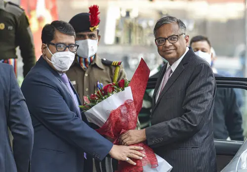 Air India CMD Vikram Dev Dutt welcomes Tata Sons Chairman Natarajan Chandrasekaran.Photo:PTI
