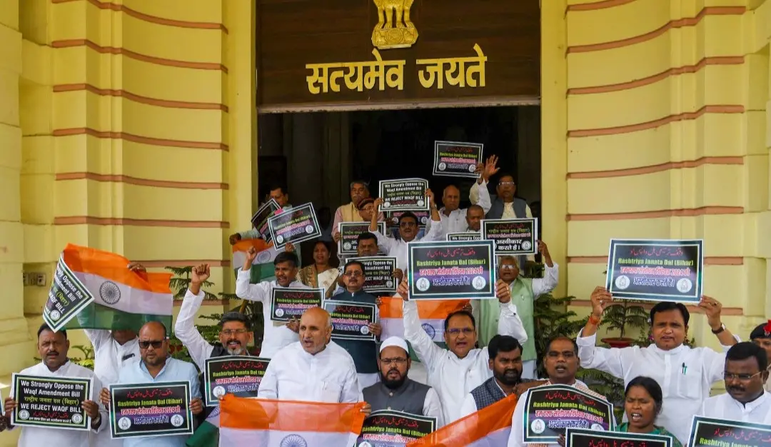 RJD, Congress and CPI-ML legislators stage a protest over the Waqf Amendment Bill 2024 during the Budget session of Bihar Assembly, in Patna