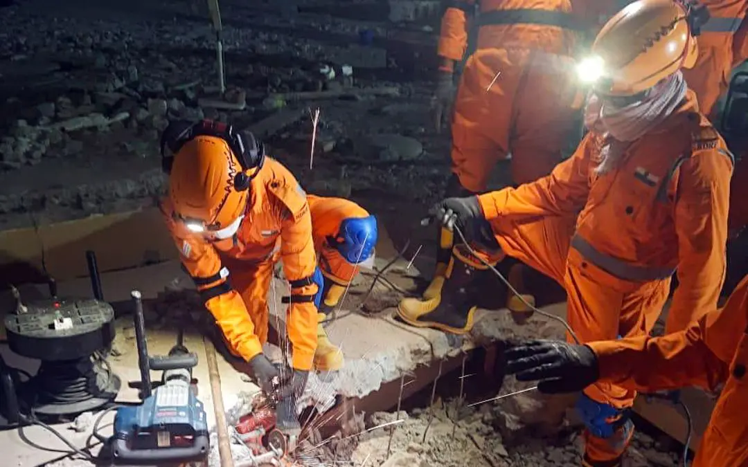NDRF team conducts search and rescue operations following a series of earthquakes, in Mandalay on Tuesday.