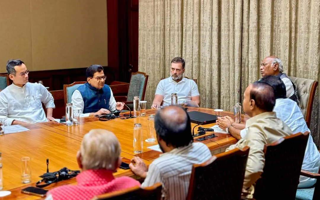 Leader of Opposition in the Rajya Sabha and Congress President Mallikarjun Kharge with Leader of Opposition in the Lok Sabha Rahul Gandhi during a meeting of the floor leaders of the INDIA bloc, at Parliament House, in New Delhi on Tuesday. April 1,2025.