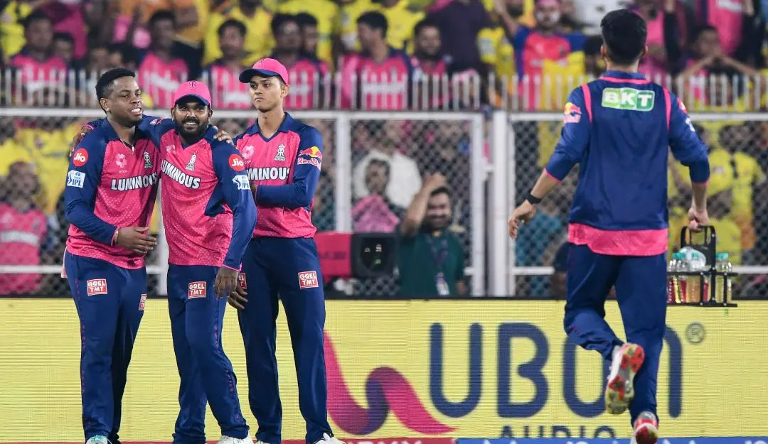 RR players celebrate the wicket of CSK batter MS Dhoni during the IPL 2025 | Photo: PTI