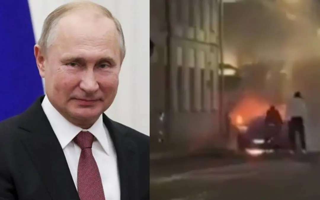 Vladimir Putin | AP; The burning car | X.com