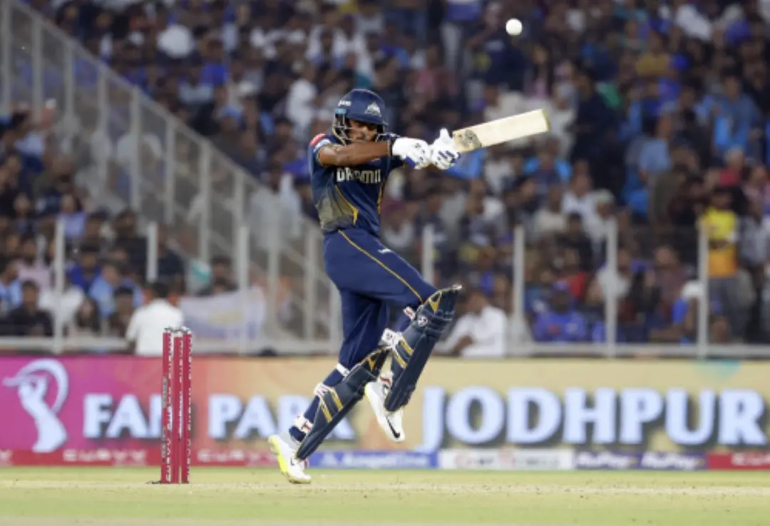 Gujarat Titans' Sai Sudarshan plays a shot during the match against Mumbai Indians in the Indian Premier League 2025, at Narendra Modi Stadium in Ahmedabad. | Photo: ANI