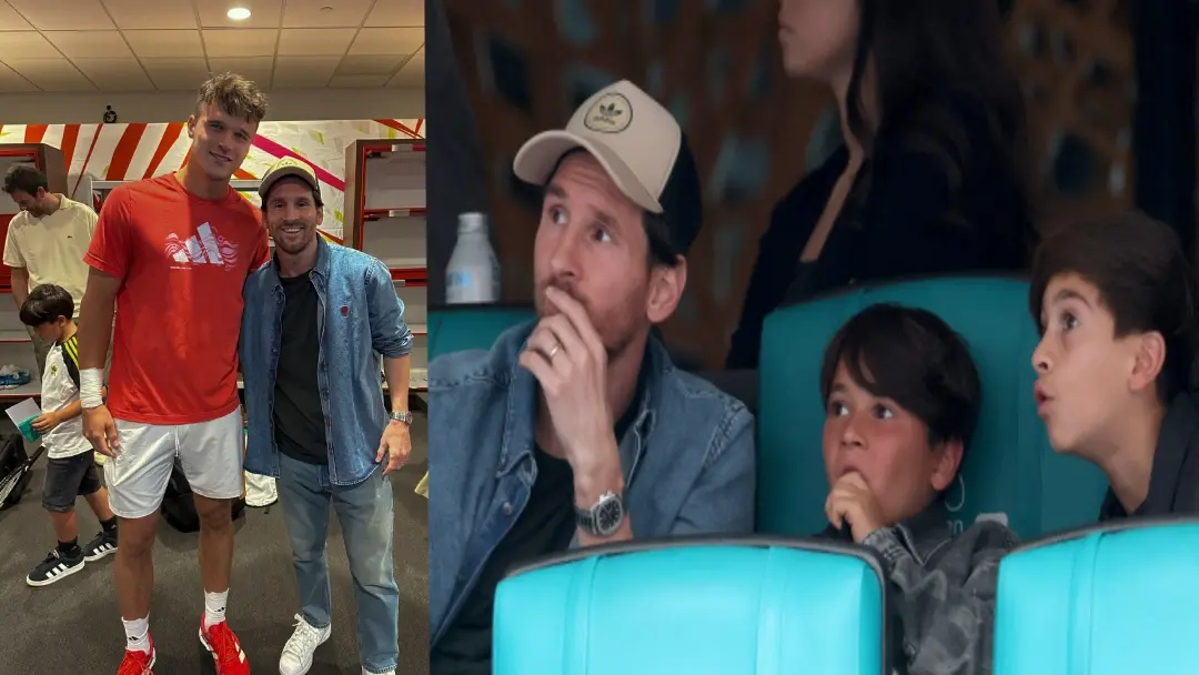 From (L) Mensik and Messi; Lionel Messi and his family attend the match between Novak Djokovic of Serbia and Grigor Dimitrov of Bulgaria during the semifinals of the Miami Open Presented by Itau at Hard Rock Stadium | Photos: Agencies/X