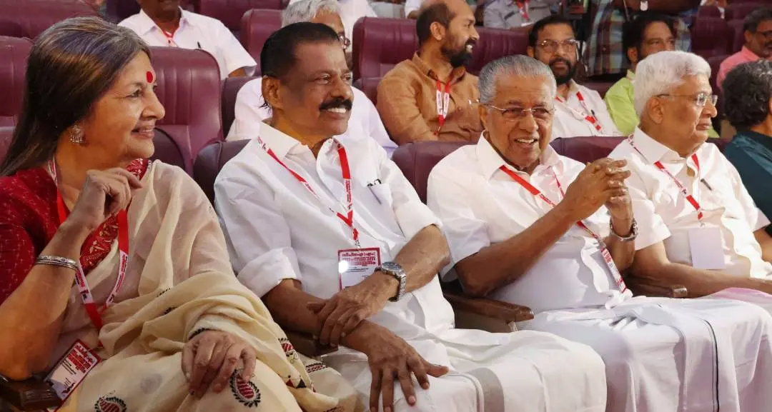 Chief Minister Pinarayi Vijayan and CPM state secretary M V Govindan along with Brinda Karat and Prakash Karat