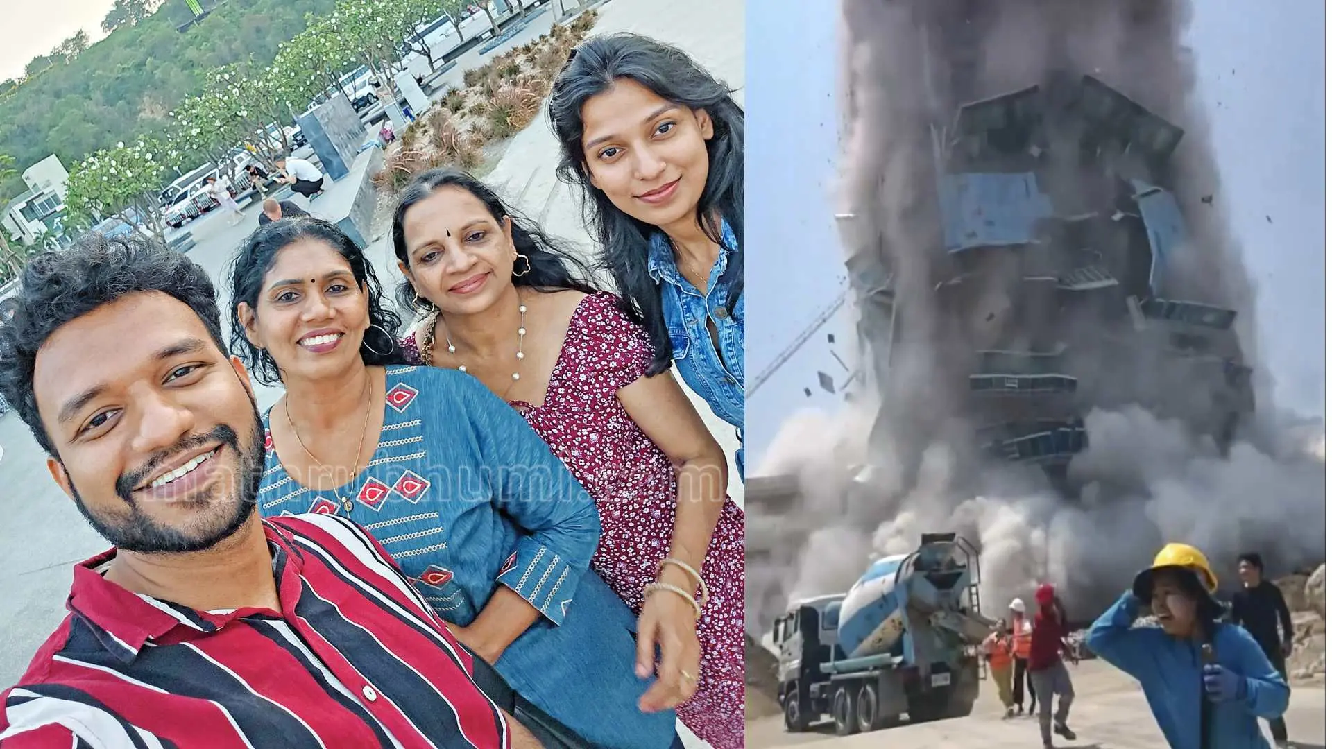 Dr Arjun Suresh, K K Shajna, A Shubha and her daughter Sangeerthana Suresh; A building collapsing in Bangkok during the earthquake in Thailand.