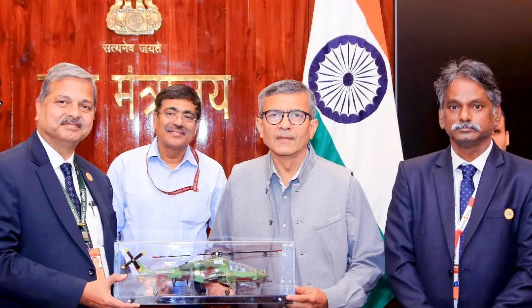 Officials during the signing of a contract between the Ministry of Defence and Hindustan Aeronautics Limited (HAL) for supply of 156 Light Combat Helicopters (LCH), Prachand.